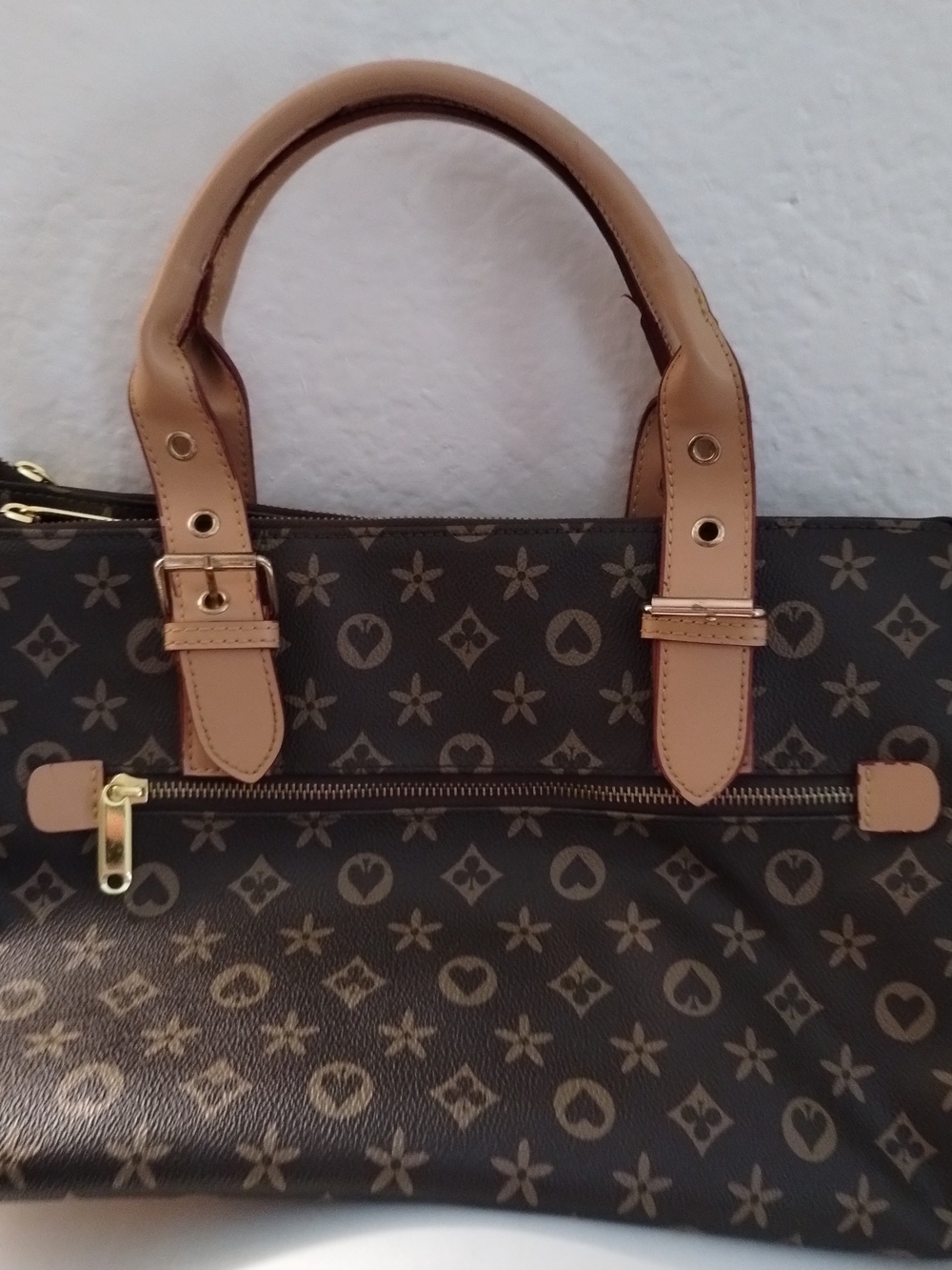 Brown Patterned Satchel with Tan Handles